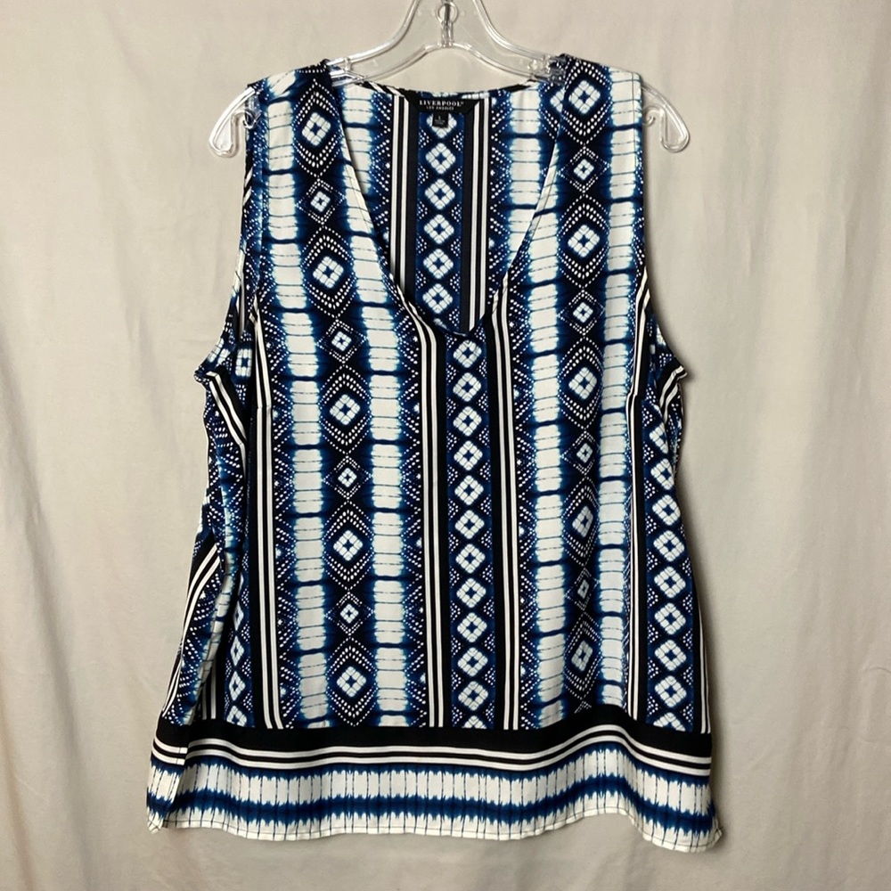 Liverpool Los Angeles Sleeveless Shirt Large Blue Black Stripes Tie Dyed Womens